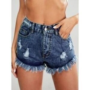 Ripped Raw Hem Denim Shorts (L)